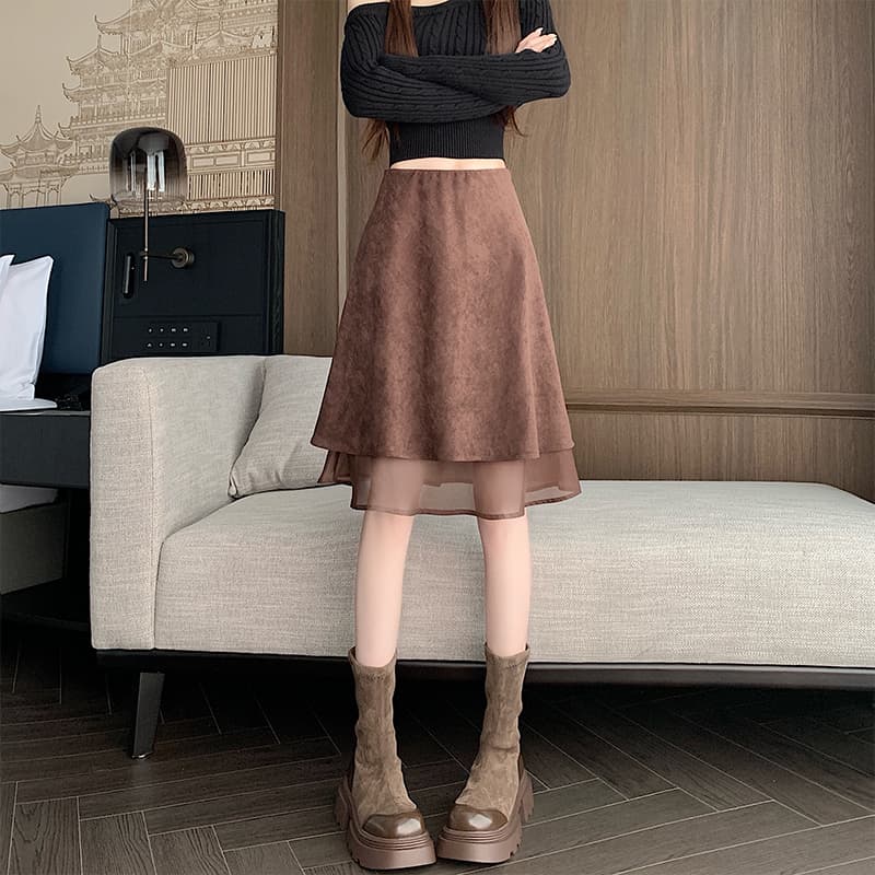 실사 프랑스식 레트로 이중층 패치워크 망사 반신 스커트 여성 2026 가을 겨울 하이웨이스트 타이트 스커트 한 마디 인어 꼬리 중간 스커트 이미지 3