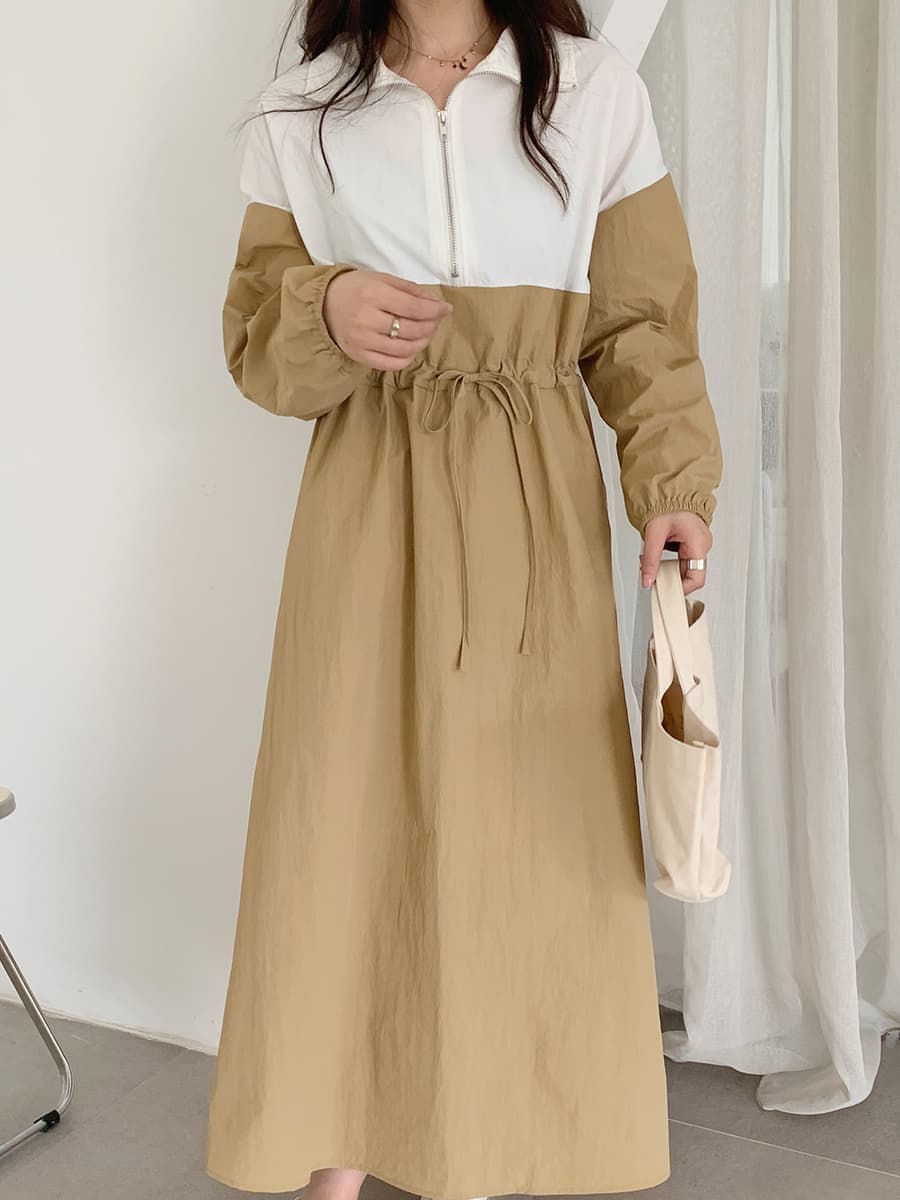 재고 있음 실사 한국 ins 보 주님 섹션 POLO 칼라 캐주얼 바람 패치워크 색상 긴팔 드레스 상세 이미지 7