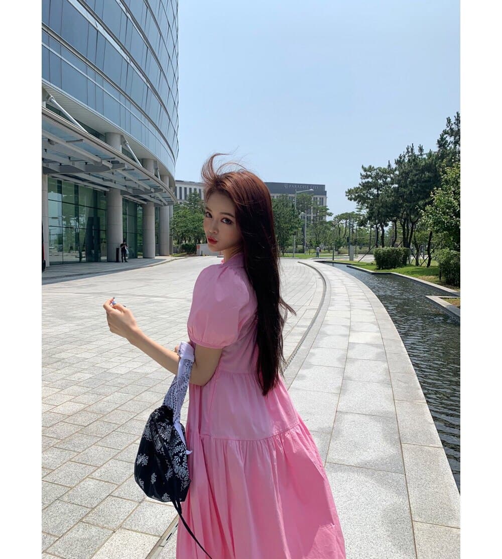 재고 있음 한국 스타일 디자인 센스 뒤로 홀로우 아웃 대 치마 거품 소매 롱 코트 드레스 여름 상세 이미지 12