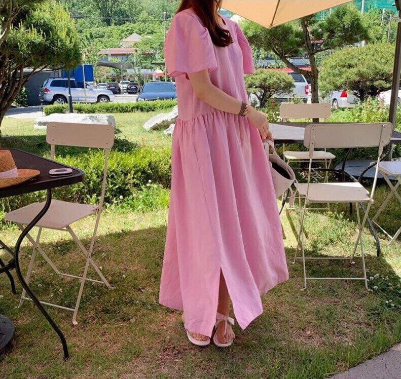 재고 있음 한국 chic 느긋한 바람 뒤로 싱글 줄 버튼 단색 광장 칼라 롱 코트 여성 드레스 여름 상세 이미지 10