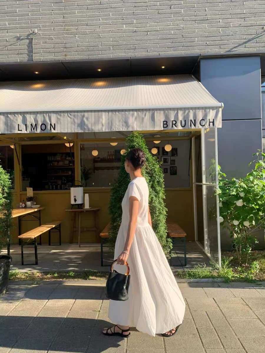 한국 스타일 미니멀리즘 라운드 넥 허리 수축 꽃밭 치마 패션 푹신한 드레스 여름 상세 이미지 3
