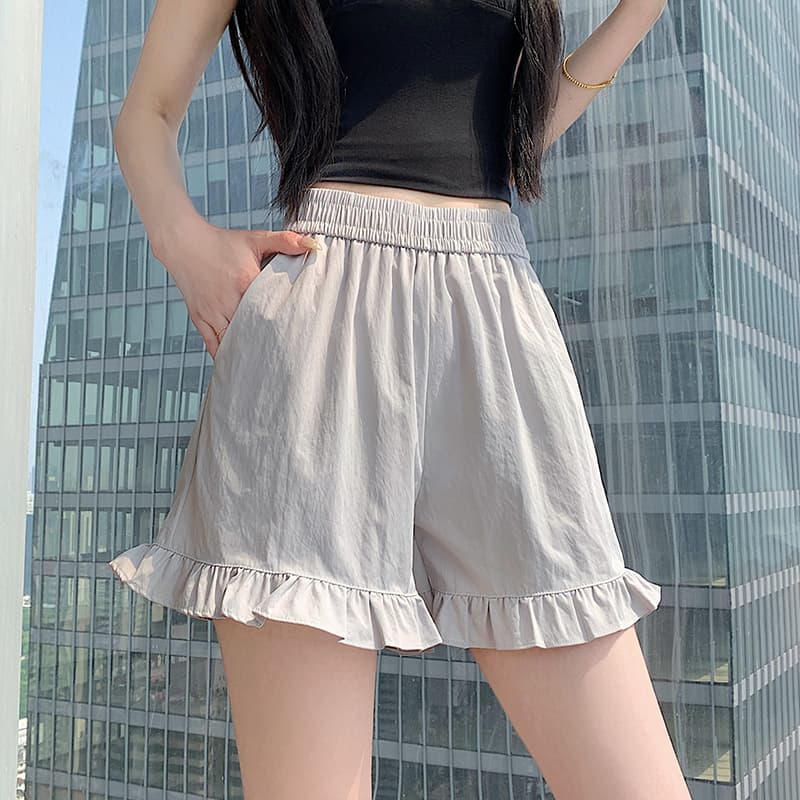 실사 2026 여름 패션 새로운 허리밴드 프릴 얼음 실크 차가운 센스 넓은 다리 다용도 슬림해 보이는 반바지 이미지 3