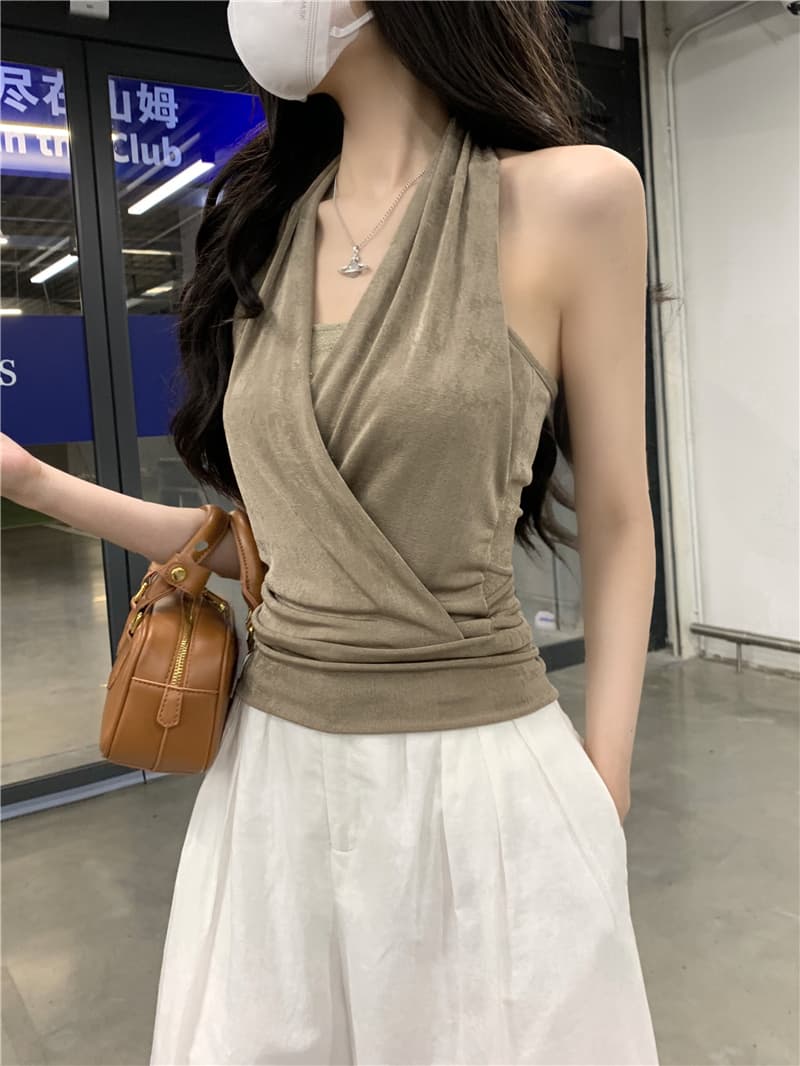 실사 정가 오래된 돈 바람 허리 수축 페이크 레이어드 행침 목 흔들다 칼라 캐미솔 주름 장식 백리스 맨위 여성 여름 상세 이미지 1