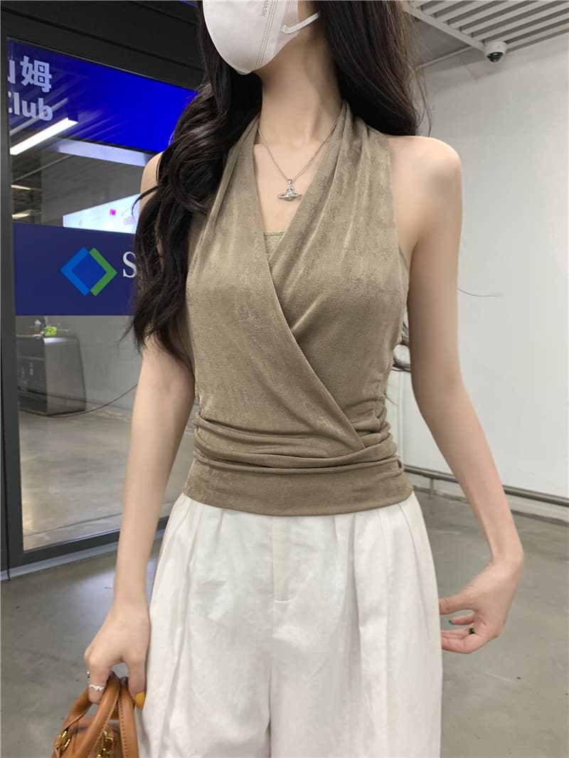 실사 정가 오래된 돈 바람 허리 수축 페이크 레이어드 행침 목 흔들다 칼라 캐미솔 주름 장식 백리스 맨위 여성 여름 상세 이미지 2
