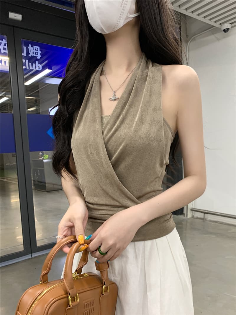 실사 정가 오래된 돈 바람 허리 수축 페이크 레이어드 행침 목 흔들다 칼라 캐미솔 주름 장식 백리스 맨위 여성 여름 상세 이미지 4