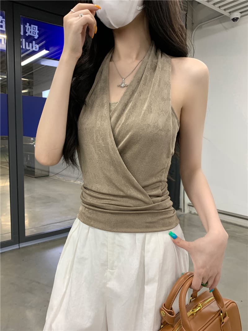 실사 정가 오래된 돈 바람 허리 수축 페이크 레이어드 행침 목 흔들다 칼라 캐미솔 주름 장식 백리스 맨위 여성 여름 상세 이미지 6