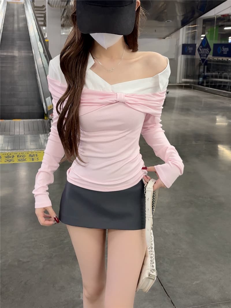 정가 실사 비스듬한 칼라 오프숄더 긴팔 여성 셔츠 장 원 영어 같은 단락 한 단어 맨위 상세 이미지 2