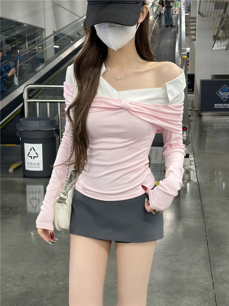 정가 실사 비스듬한 칼라 오프숄더 긴팔 여성 셔츠 장 원 영어 같은 단락 한 단어 맨위 상세 이미지 4