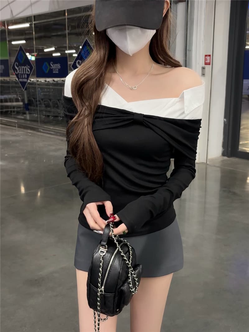 정가 실사 비스듬한 칼라 오프숄더 긴팔 여성 셔츠 장 원 영어 같은 단락 한 단어 맨위 상세 이미지 7