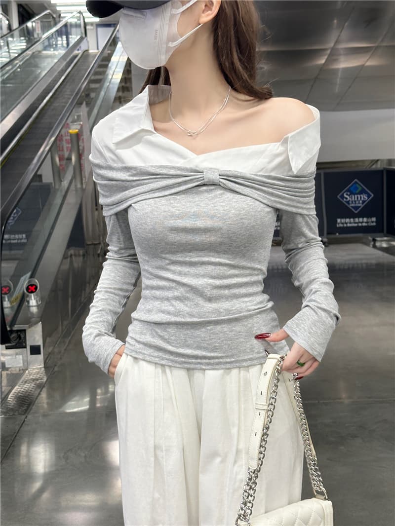 정가 실사 비스듬한 칼라 오프숄더 긴팔 여성 셔츠 장 원 영어 같은 단락 한 단어 맨위 상세 이미지 8