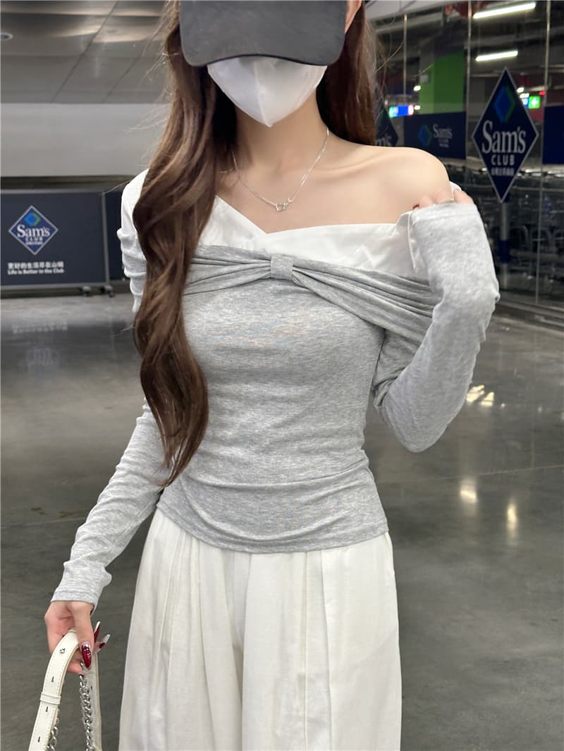 정가 실사 비스듬한 칼라 오프숄더 긴팔 여성 셔츠 장 원 영어 같은 단락 한 단어 맨위 상세 이미지 9