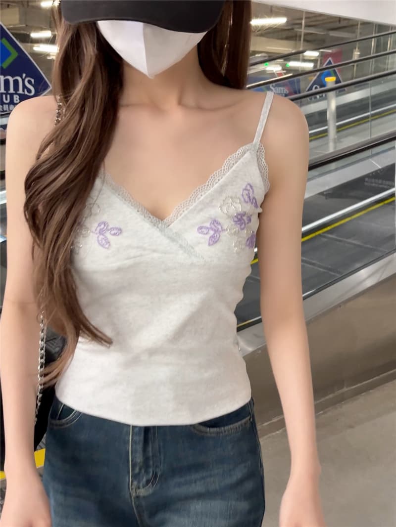 정가 실사 세련된 V넥 패치워크 레이스 측면 배색 자수 구슬 몸매 가꾸기 디스플레이 몸 캐미솔 상세 이미지 10