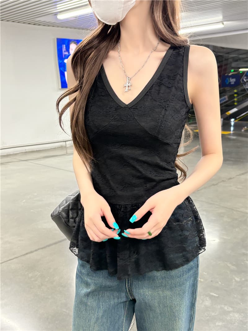 정가 실사 분위기 속삭임 레이스 조각 V넥 캐미솔 여성 봄 여름 몸매 가꾸기 슬림해 보이는 작은 대중 맨위 상세 이미지 7