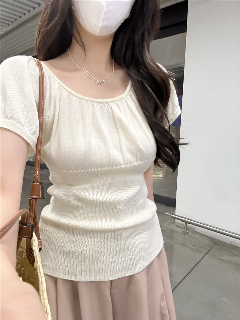 정가 실사 새로운 프랑스식 라운드 넥 플리츠 반팔 티셔츠 여성 여름 몸매 가꾸기 허리 수축 쇼트 스타일 니트 맨위 상세 이미지 2