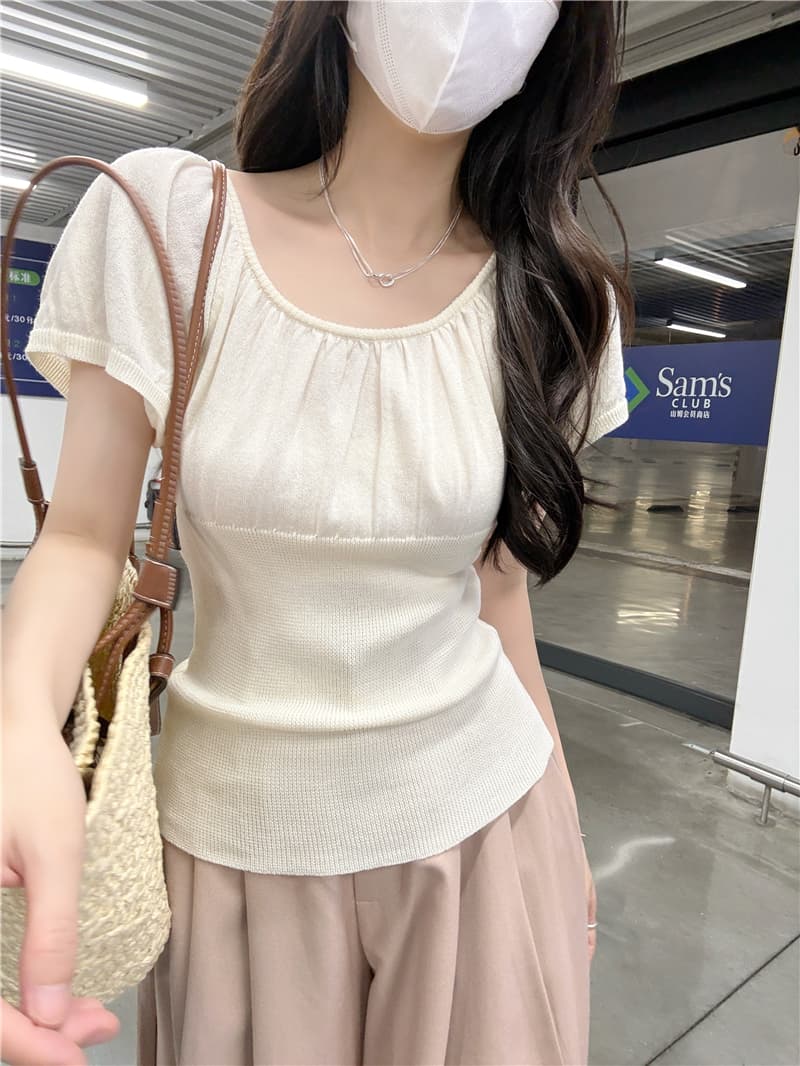 정가 실사 새로운 프랑스식 라운드 넥 플리츠 반팔 티셔츠 여성 여름 몸매 가꾸기 허리 수축 쇼트 스타일 니트 맨위 상세 이미지 4