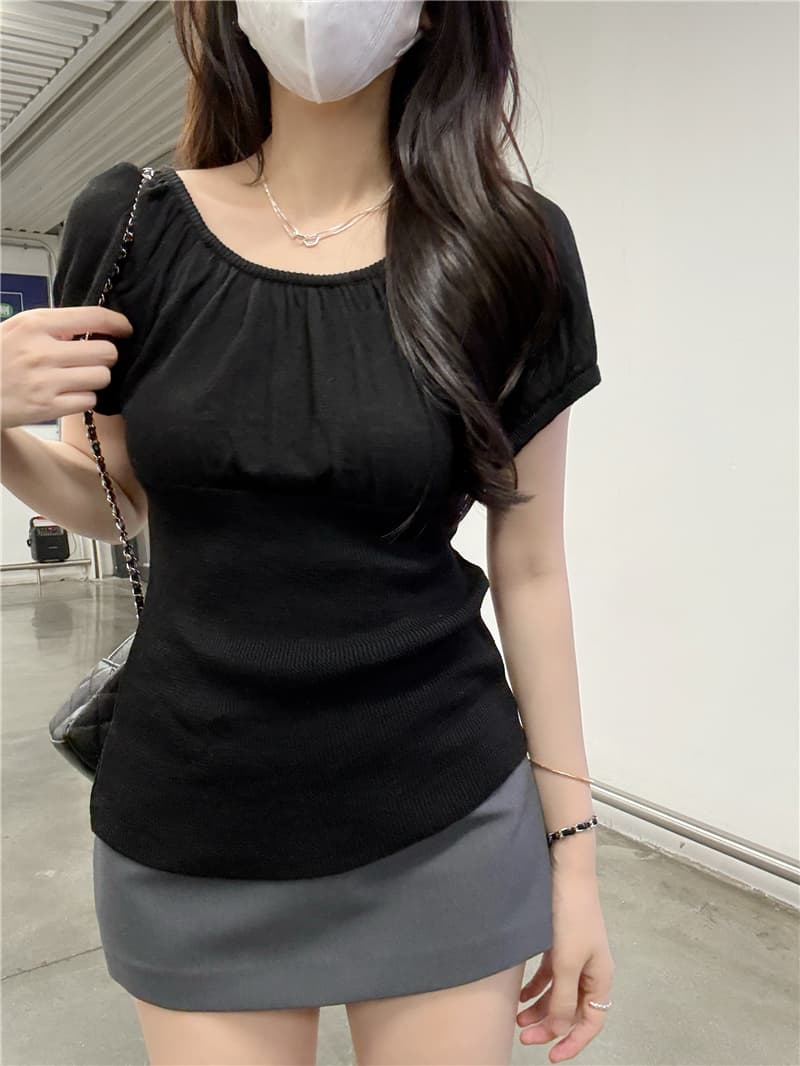 정가 실사 새로운 프랑스식 라운드 넥 플리츠 반팔 티셔츠 여성 여름 몸매 가꾸기 허리 수축 쇼트 스타일 니트 맨위 상세 이미지 8