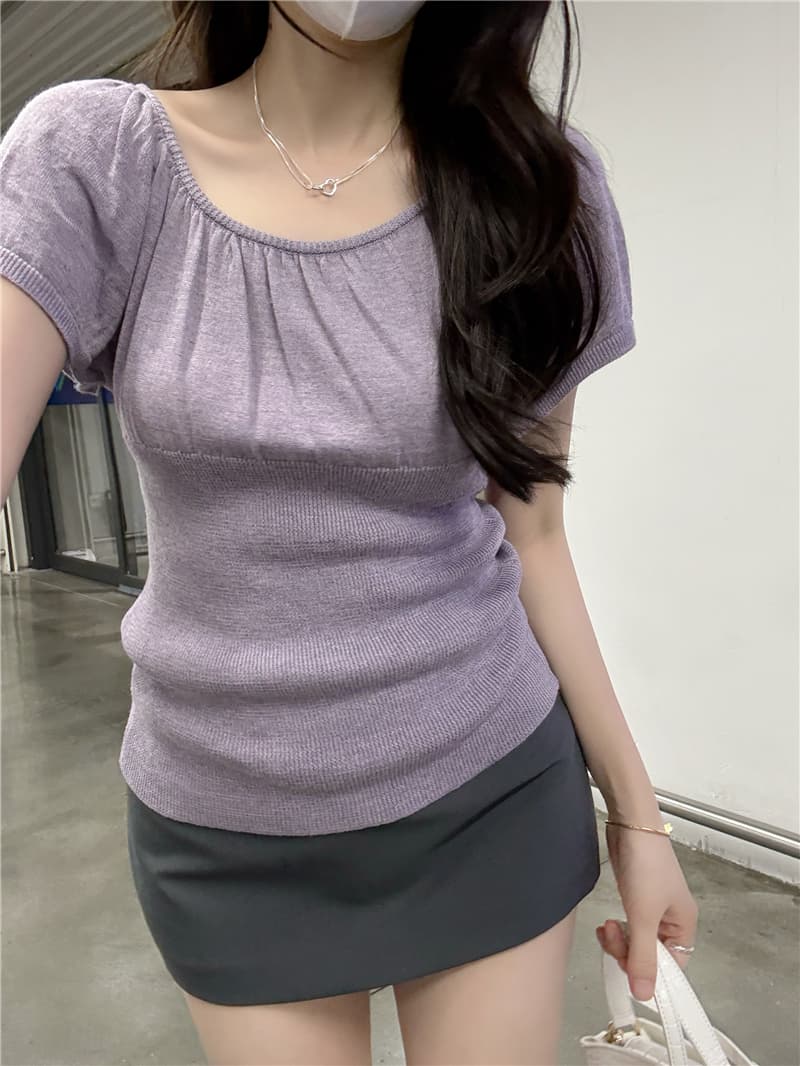 정가 실사 새로운 프랑스식 라운드 넥 플리츠 반팔 티셔츠 여성 여름 몸매 가꾸기 허리 수축 쇼트 스타일 니트 맨위 상세 이미지 11