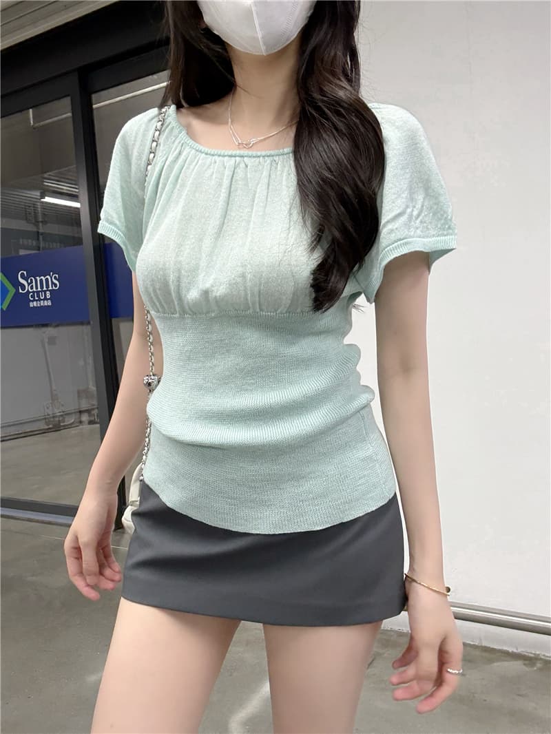 정가 실사 새로운 프랑스식 라운드 넥 플리츠 반팔 티셔츠 여성 여름 몸매 가꾸기 허리 수축 쇼트 스타일 니트 맨위 상세 이미지 15