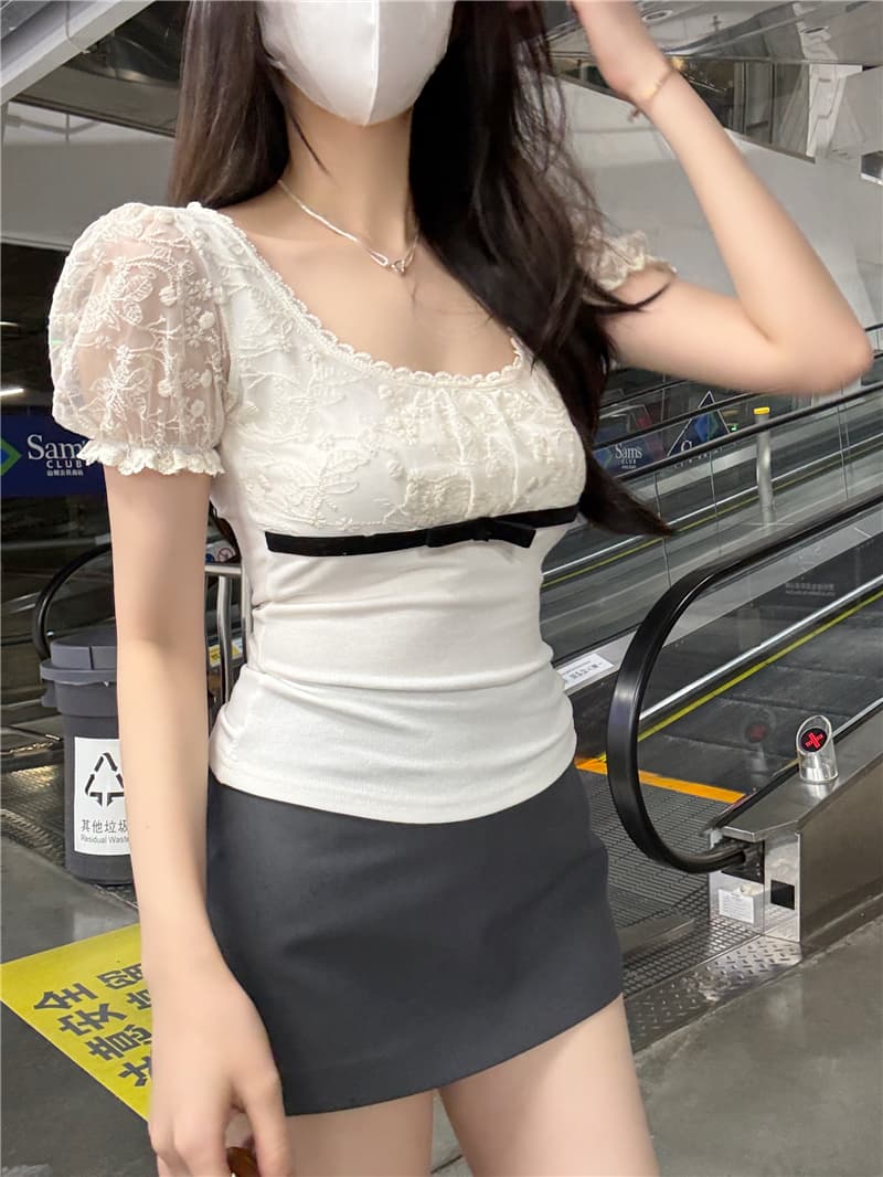 정가 실사 한 부서 달콤함 티셔츠 여성 새로운 광장 칼라 레이스 조각 나비 매듭 몸매 가꾸기 슬림해 보이는 반팔 맨위 상세 이미지 2
