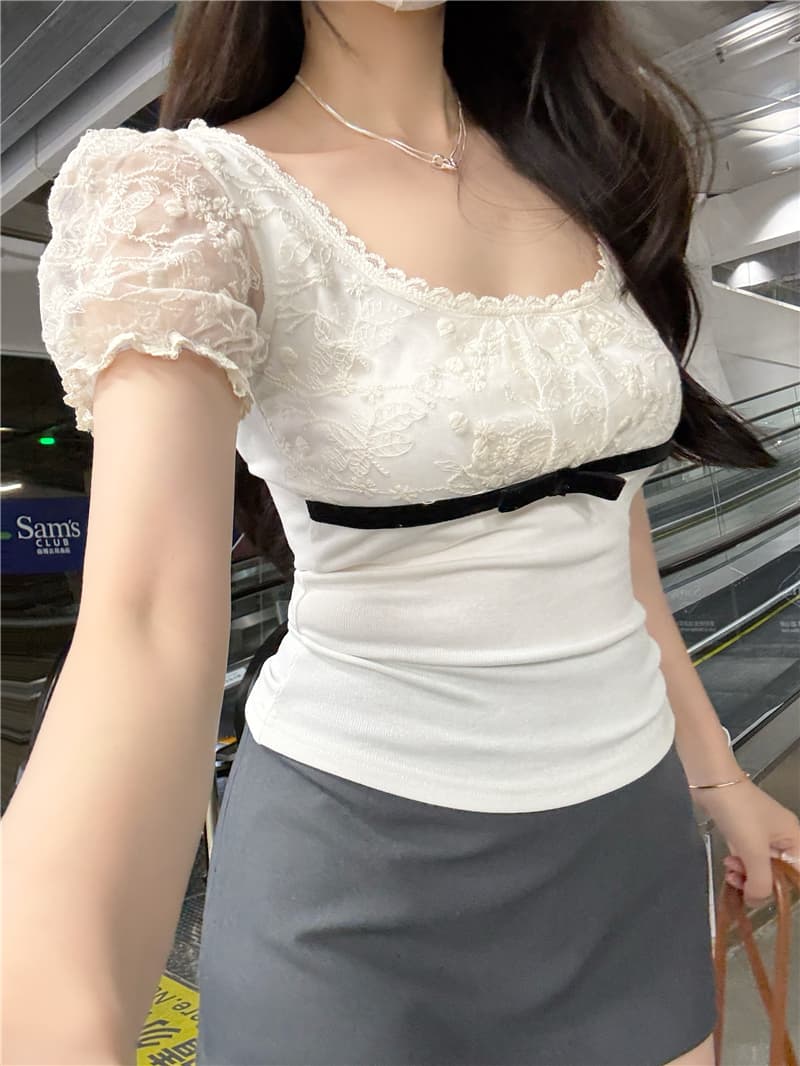 정가 실사 한 부서 달콤함 티셔츠 여성 새로운 광장 칼라 레이스 조각 나비 매듭 몸매 가꾸기 슬림해 보이는 반팔 맨위 상세 이미지 5
