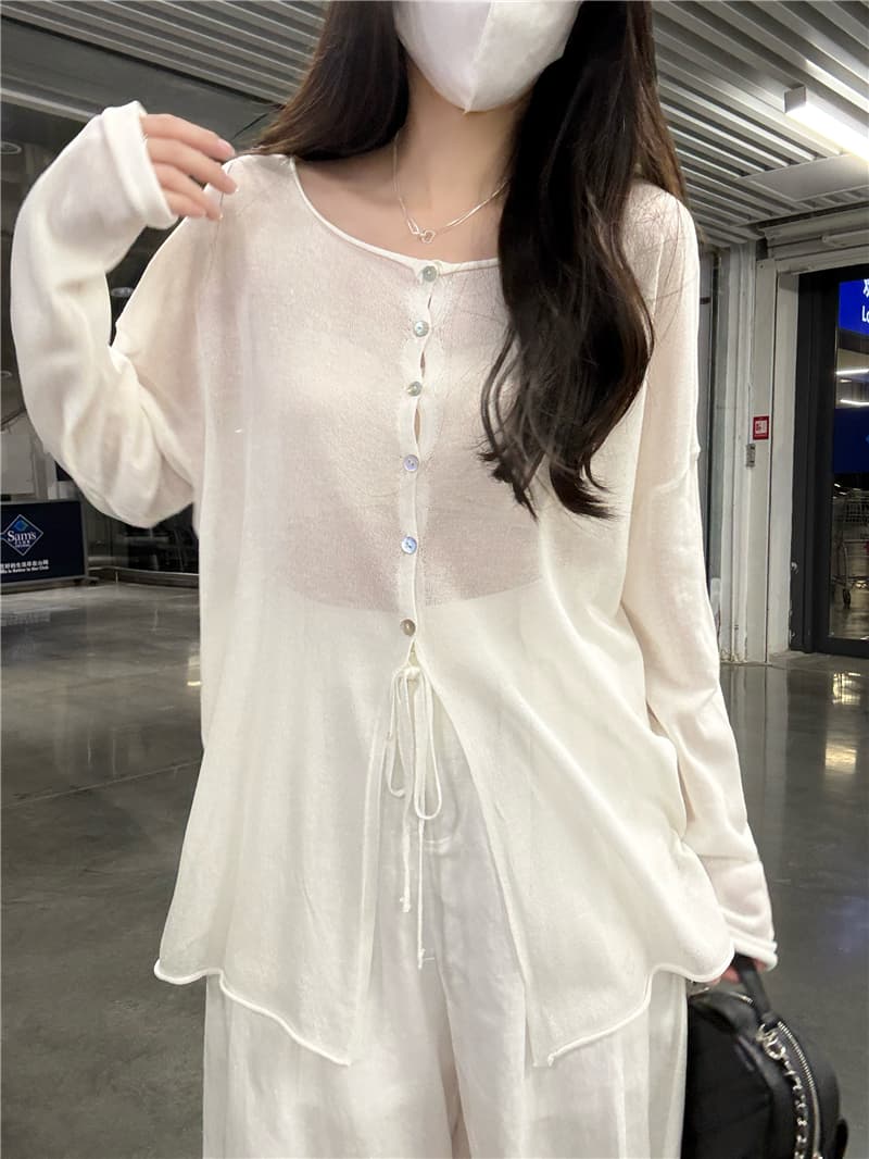 정가 실사 캐주얼 바람 루즈핏 레이스업 긴팔 오픈 가디건 여성 여름 다용도 에어컨 셔츠 블라우스 상세 이미지 9