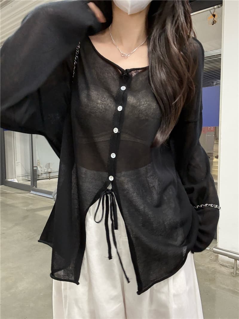 정가 실사 캐주얼 바람 루즈핏 레이스업 긴팔 오픈 가디건 여성 여름 다용도 에어컨 셔츠 블라우스 상세 이미지 13
