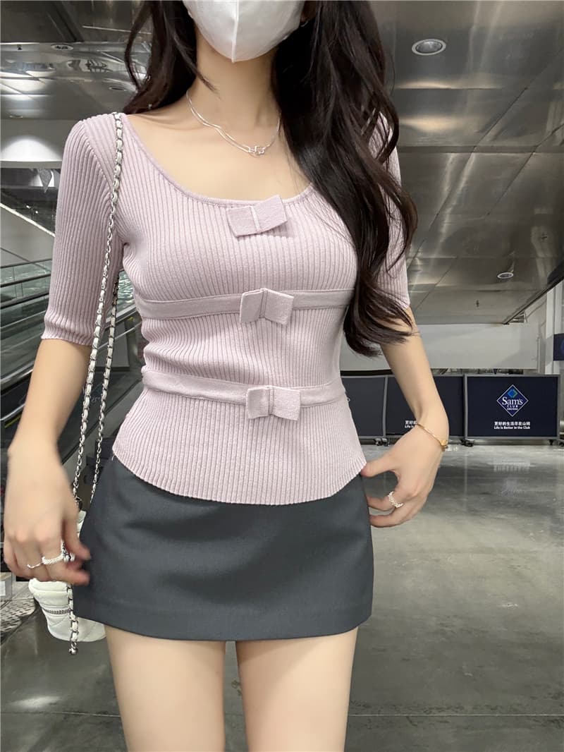 정가 실사 한 부서 디자인 센스 나비 매듭 핑크색 반팔 티셔츠 연령 감소 몸매 가꾸기 허리 수축 니트 맨위 상세 이미지 7