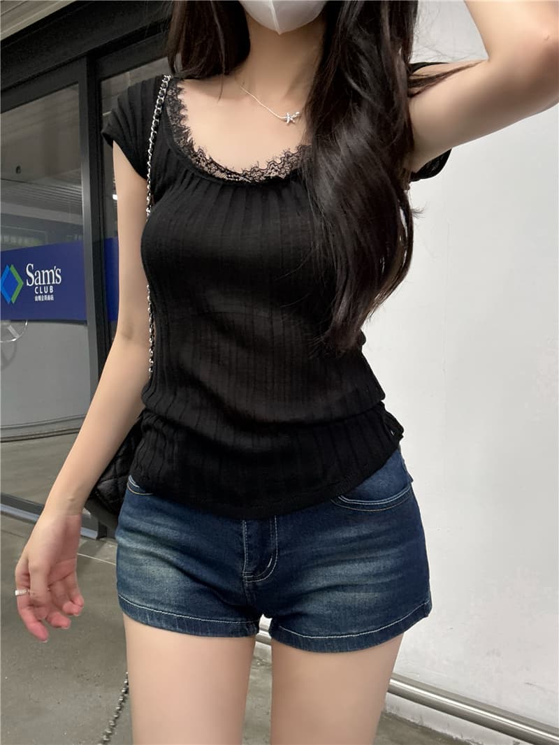 정가 실사 핫걸 윈디 u 칼라 반팔 레이스 레이스 패치워크 몸매 가꾸기 슬림해 보이는 디자인 센스 도파민 맨위 이미지 3