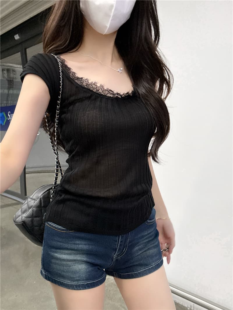 정가 실사 핫걸 윈디 u 칼라 반팔 레이스 레이스 패치워크 몸매 가꾸기 슬림해 보이는 디자인 센스 도파민 맨위 상세 이미지 3