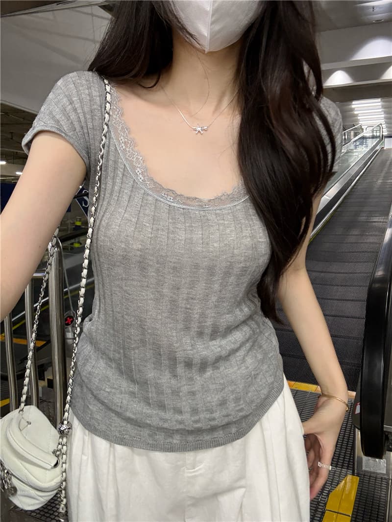 정가 실사 핫걸 윈디 u 칼라 반팔 레이스 레이스 패치워크 몸매 가꾸기 슬림해 보이는 디자인 센스 도파민 맨위 상세 이미지 5
