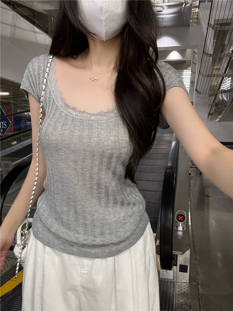 정가 실사 핫걸 윈디 u 칼라 반팔 레이스 레이스 패치워크 몸매 가꾸기 슬림해 보이는 디자인 센스 도파민 맨위 상세 이미지 6