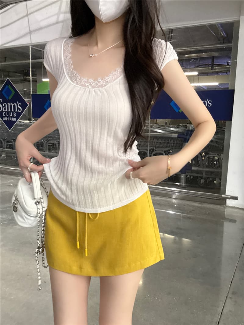 정가 실사 핫걸 윈디 u 칼라 반팔 레이스 레이스 패치워크 몸매 가꾸기 슬림해 보이는 디자인 센스 도파민 맨위 상세 이미지 11