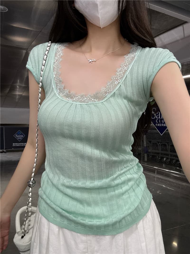 정가 실사 핫걸 윈디 u 칼라 반팔 레이스 레이스 패치워크 몸매 가꾸기 슬림해 보이는 디자인 센스 도파민 맨위 상세 이미지 12