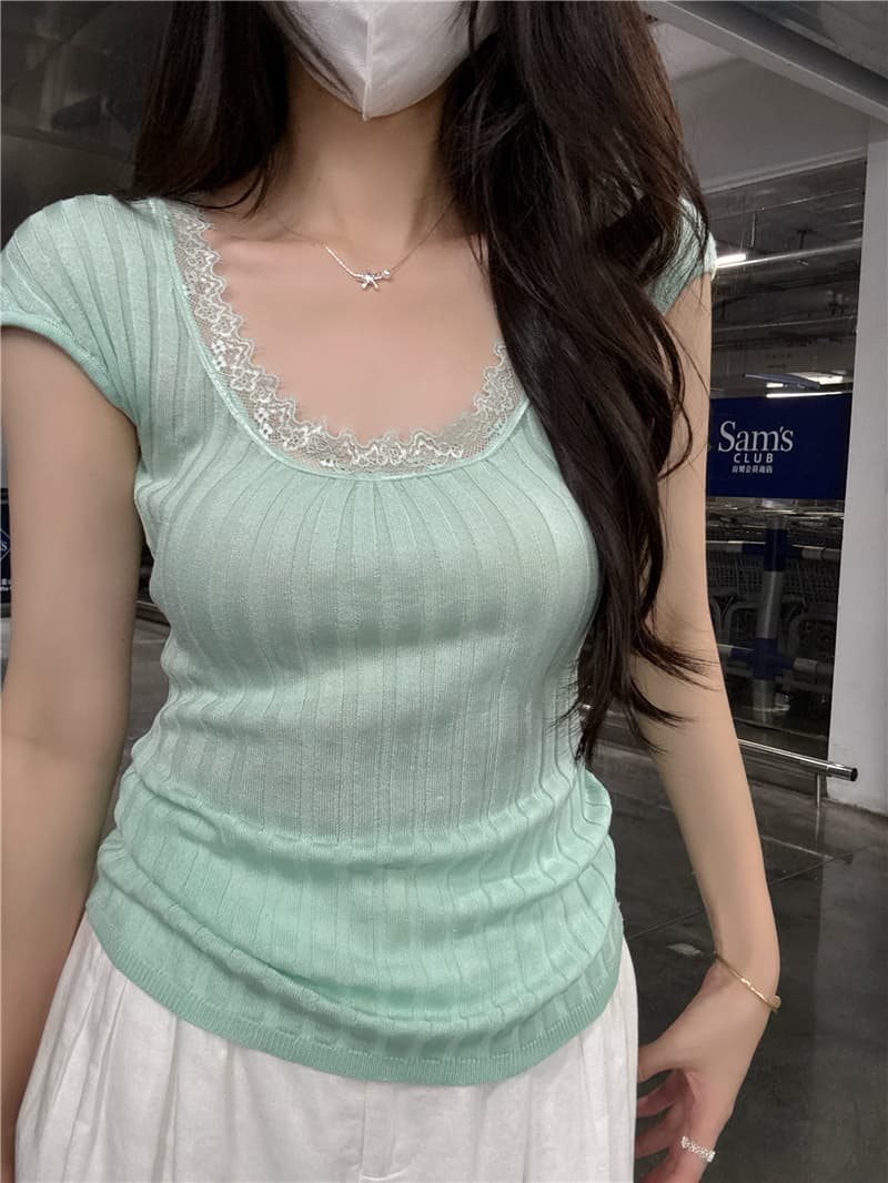 정가 실사 핫걸 윈디 u 칼라 반팔 레이스 레이스 패치워크 몸매 가꾸기 슬림해 보이는 디자인 센스 도파민 맨위 상세 이미지 13