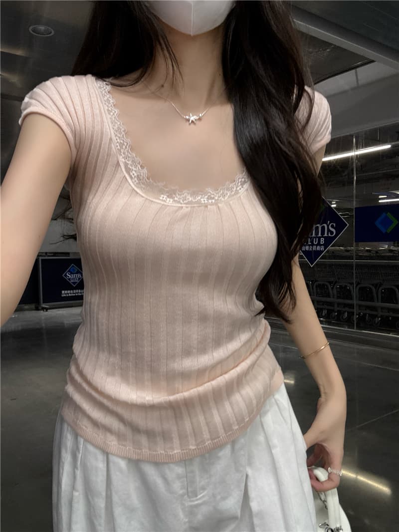정가 실사 핫걸 윈디 u 칼라 반팔 레이스 레이스 패치워크 몸매 가꾸기 슬림해 보이는 디자인 센스 도파민 맨위 상세 이미지 15