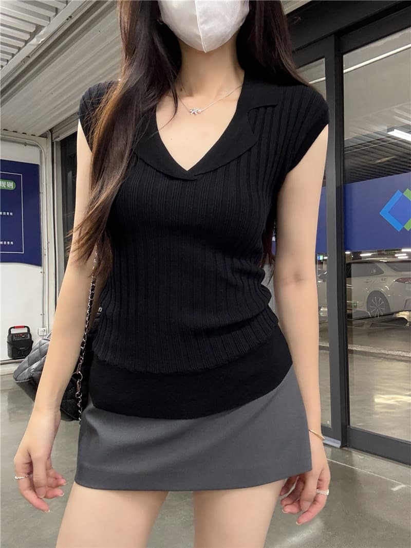 정가 실사 순수한 욕망 바람 V넥 몸매 가꾸기 작은 날다 소매 티셔츠 여성 핫걸 허리 수축 슬림해 보이는 다용도 긍정적 인 어깨 반팔 니트 상세 이미지 13