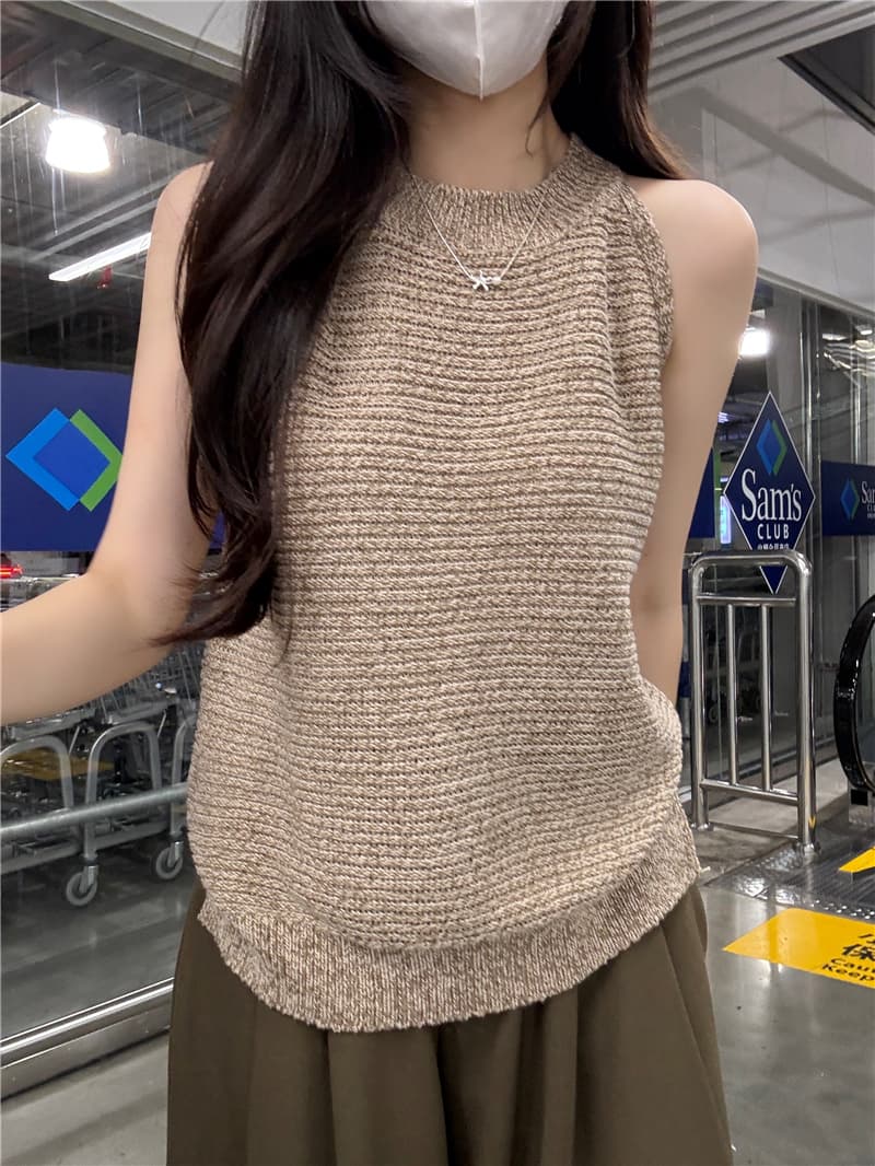 정가 실사 질감 센스 혼합 실 통기성 민소매 오프숄더 행침 목 조끼 상세 이미지 5