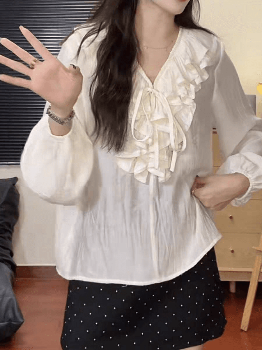 프랑스식 우아함 프릴 V넥 벌룬 소매 여성 셔츠 봄 품격 슬림해 보이는 고급 센스 출퇴근 다용도 맨위 이미지 2