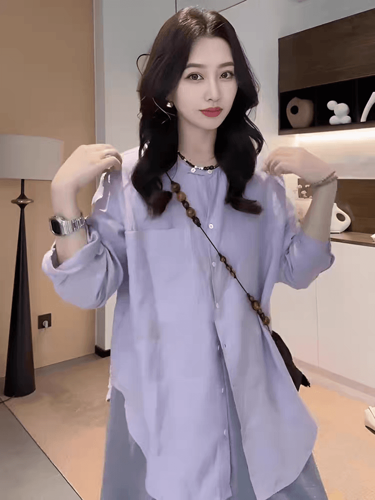 프랑스식 고급 센스 보라색 라운드 넥 긴팔 여성 셔츠 2025 이른 봄 새로운 루즈핏 슬림해 보이는 캐주얼 자외선 차단 맨위 이미지 3