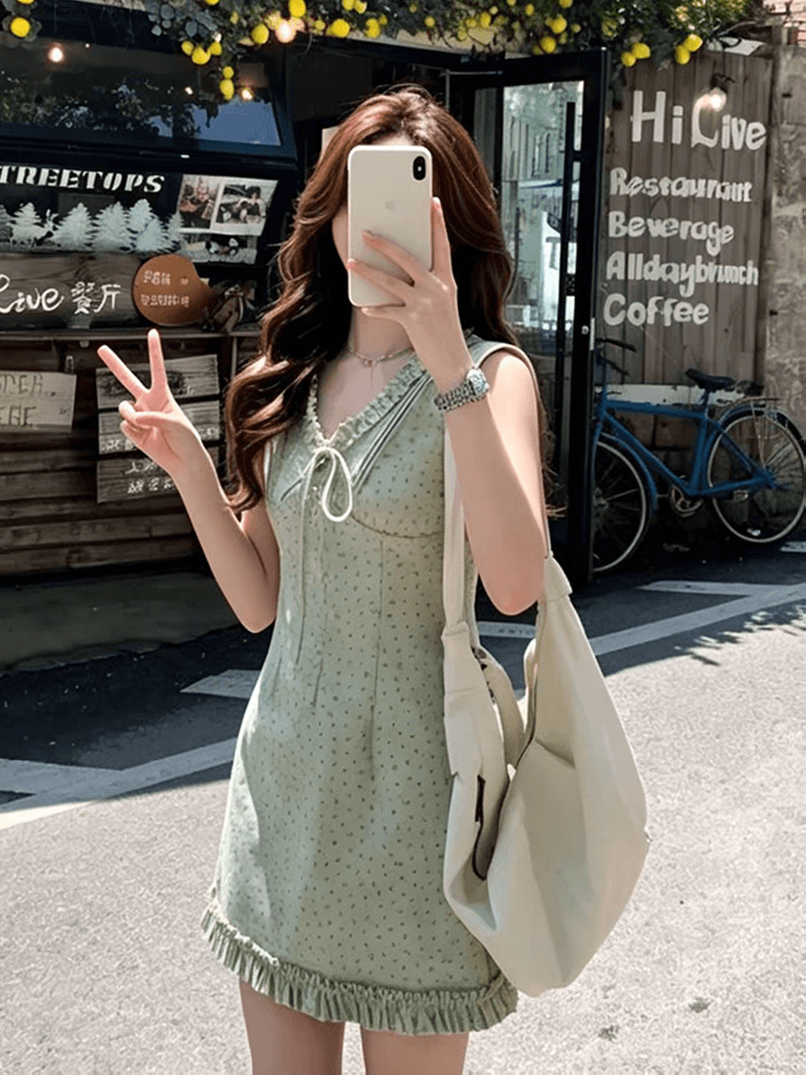 한 부서 달콤함 꽃무늬 프릴 레이스업 V넥 민소매 여성 드레스 여름 작은 키 몸매 가꾸기 아름다운 미니 스커트 이미지 3