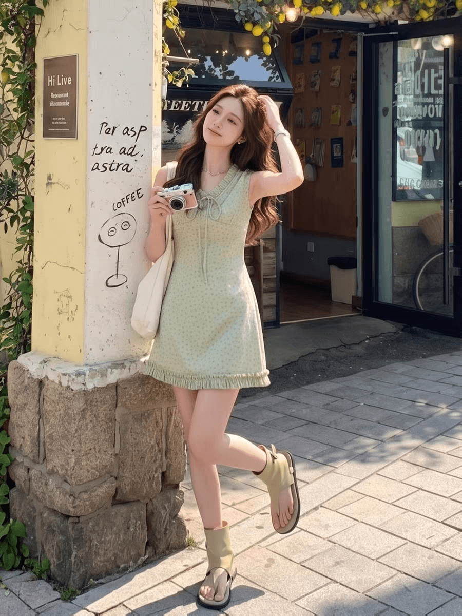 한 부서 달콤함 꽃무늬 프릴 레이스업 V넥 민소매 여성 드레스 여름 작은 키 몸매 가꾸기 아름다운 미니 스커트 상세 이미지 4