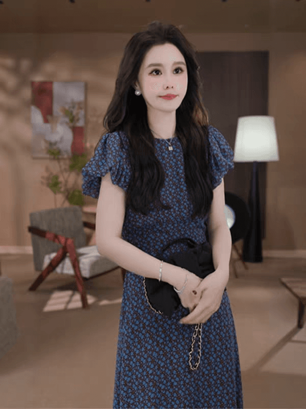 프랑스식 품격 파란색 거품 소매 꽃무늬 드레스 2026 여름 새로운 우아함 차 휴식 허리 수축 롱 스커트 여성 의류 상세 이미지 5