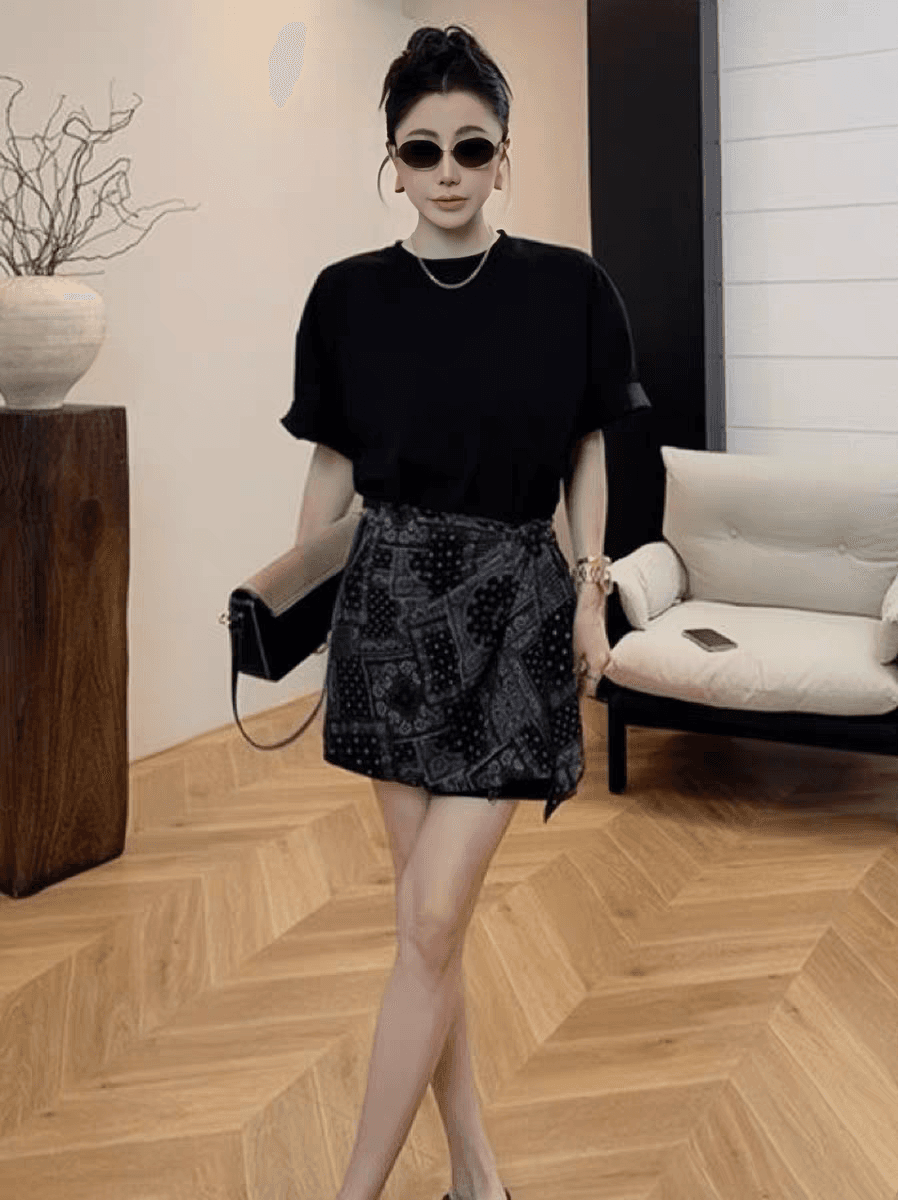 프랑스식 레트로 토템 랩스커트팬츠 스트랩 반팔 여성 드레스 여름 불규칙 허리 수축 슬림해 보이는 페이크 레이어드 티셔츠 치마 이미지 3