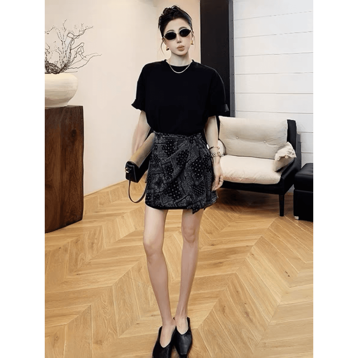 프랑스식 레트로 토템 랩스커트팬츠 스트랩 반팔 여성 드레스 여름 불규칙 허리 수축 슬림해 보이는 페이크 레이어드 티셔츠 치마 이미지 5