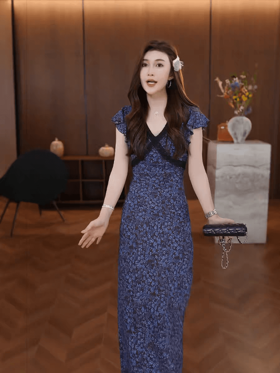 여름 새로운 디자인 센스 다용도 프린트 민소매 한 마디 롱 스커트 프랑스식 품격 꽃무늬 허리 수축 V넥 여성 드레스 이미지 3