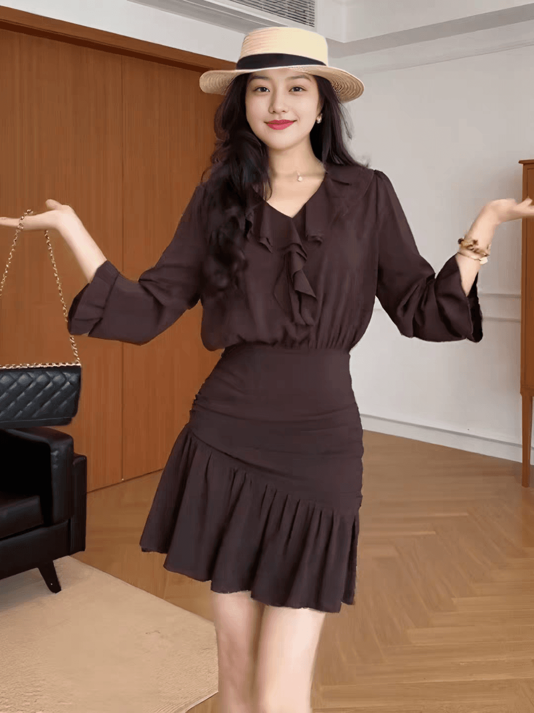 한 부서 부드러운 휴가 바람 세련된 센스 여성 디자인 프릴 V넥 허리 수축 슬림해 보이는 품격 긴팔 여성 드레스 상세 이미지 2