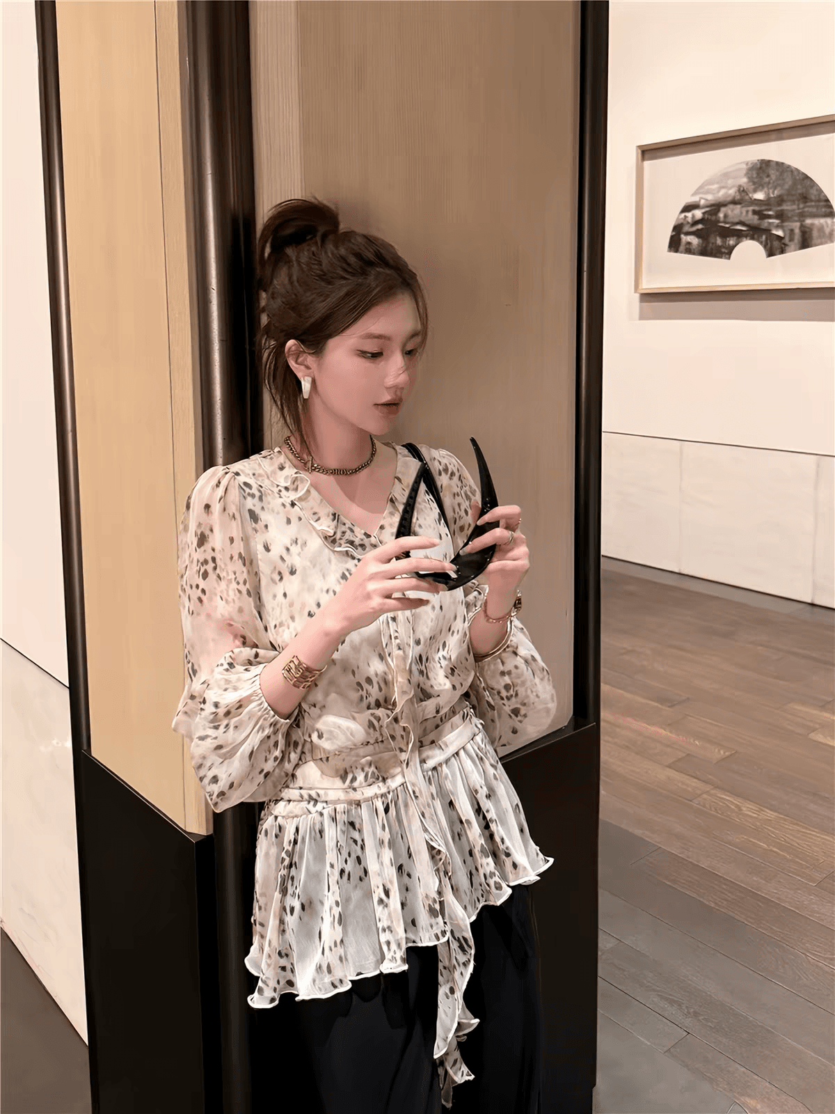 리본 레오파드 무늬 여성 셔츠 품격 다용도 맨위 이미지 2