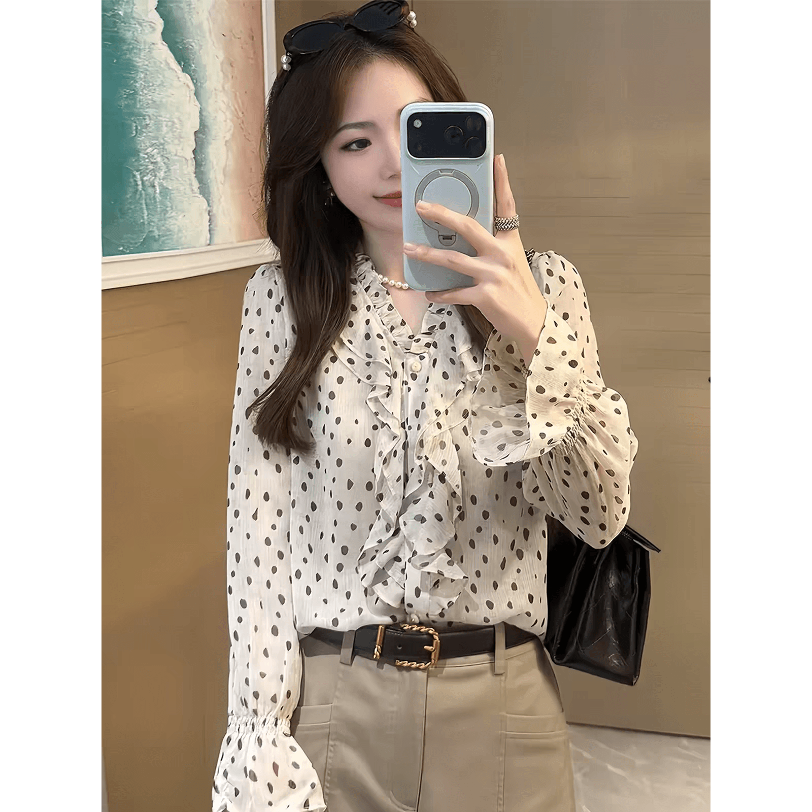 프랑스식 부드러운 바람 프릴 도트 무늬 V넥 쉬폰 여성 셔츠 가을 긴팔 레트로 루즈핏 고유 한 아름다운 맨위 이미지 5