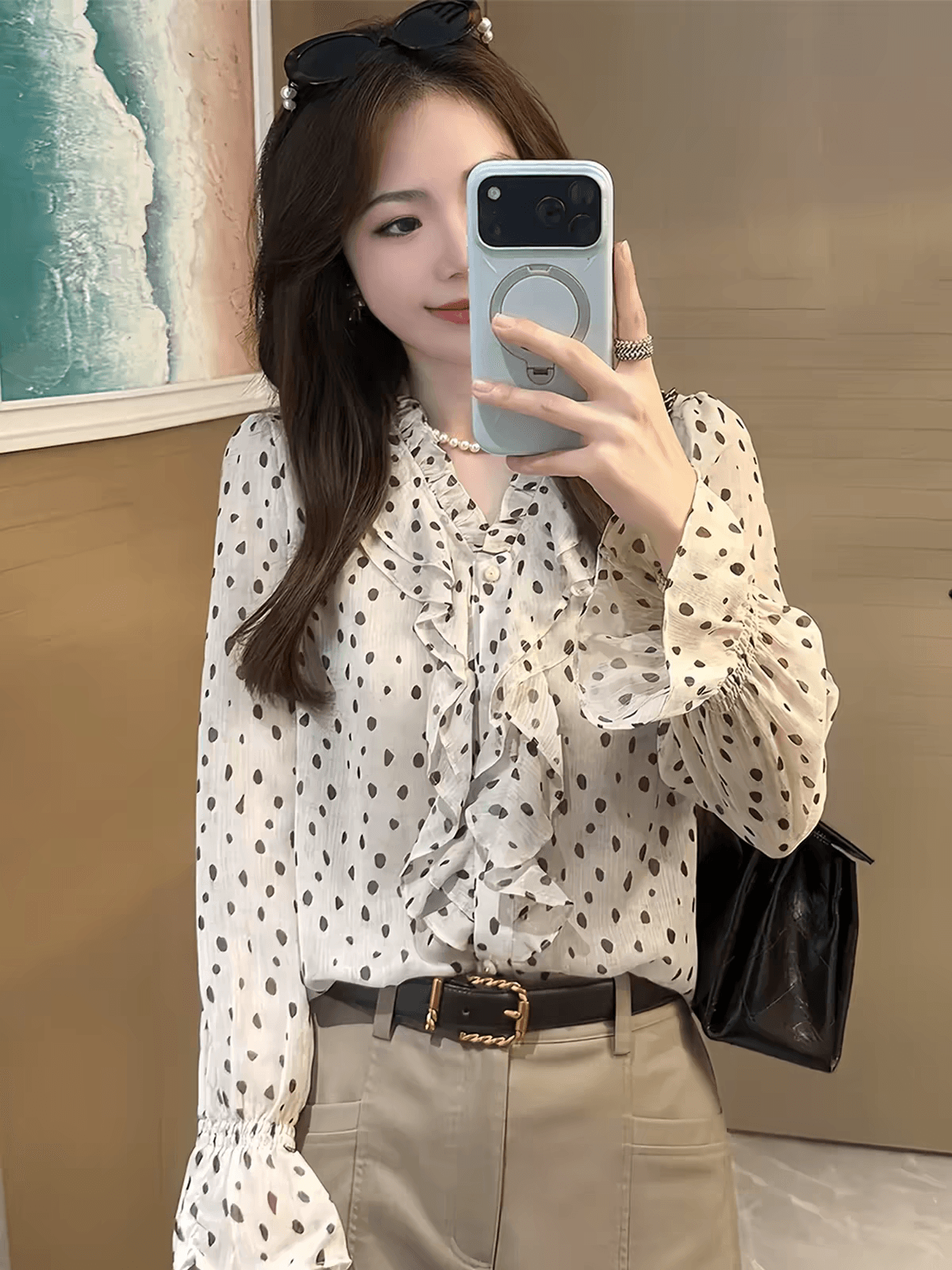 프랑스식 부드러운 바람 프릴 도트 무늬 V넥 쉬폰 여성 셔츠 가을 긴팔 레트로 루즈핏 고유 한 아름다운 맨위 상세 이미지 2