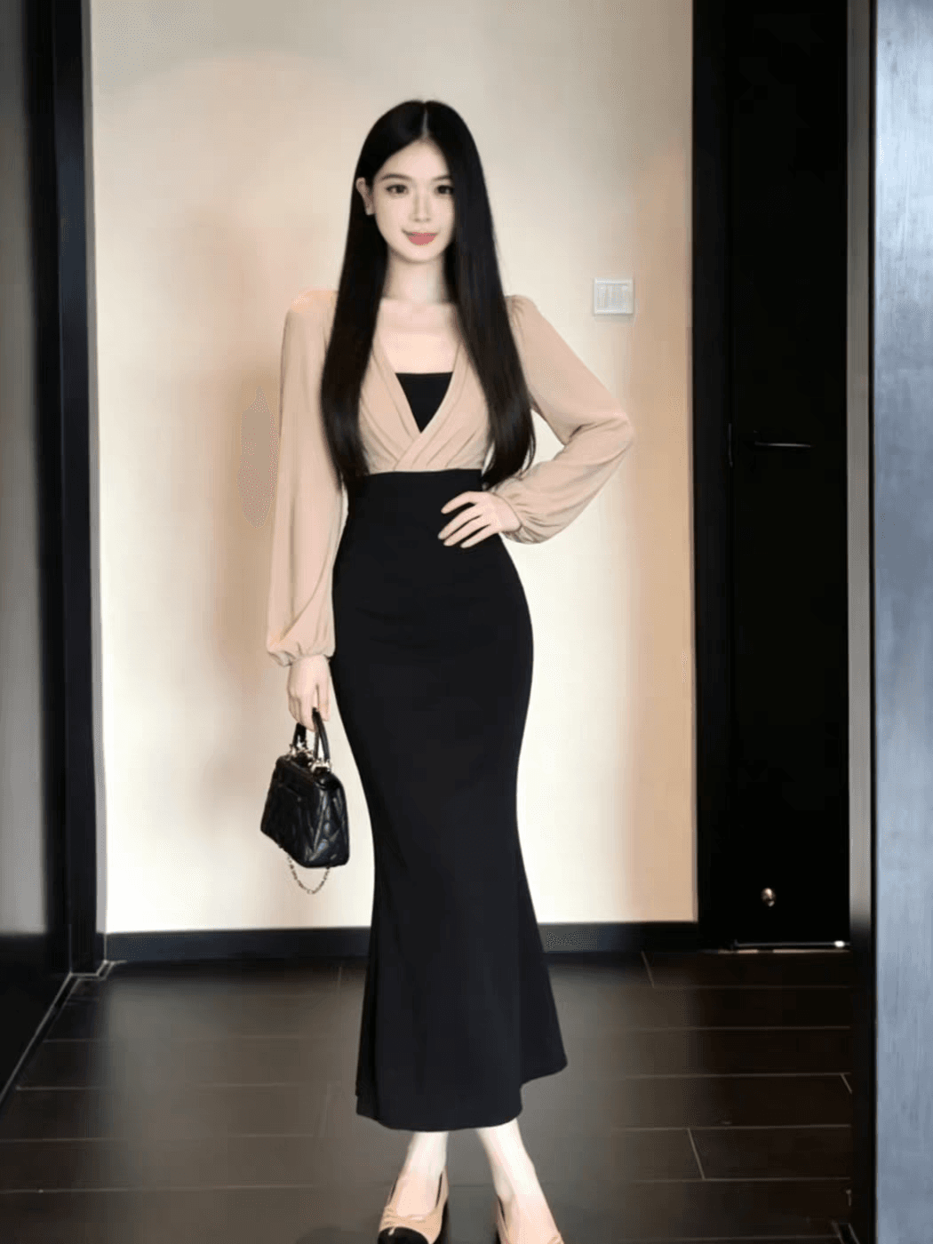 프랑스식 천 골드 배색 패치워크 긴팔 여성 드레스 가을 새로운 우아함 품격 허리 수축 슬림해 보이는 타이트 스커트 롱 스커트